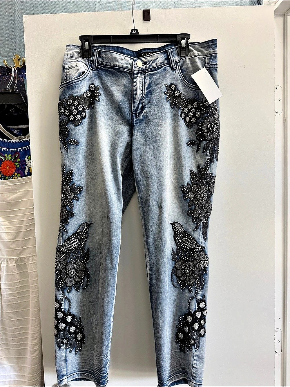 JULIETTE Embellished Skinny Jeans in Blue & Black Waist 10
